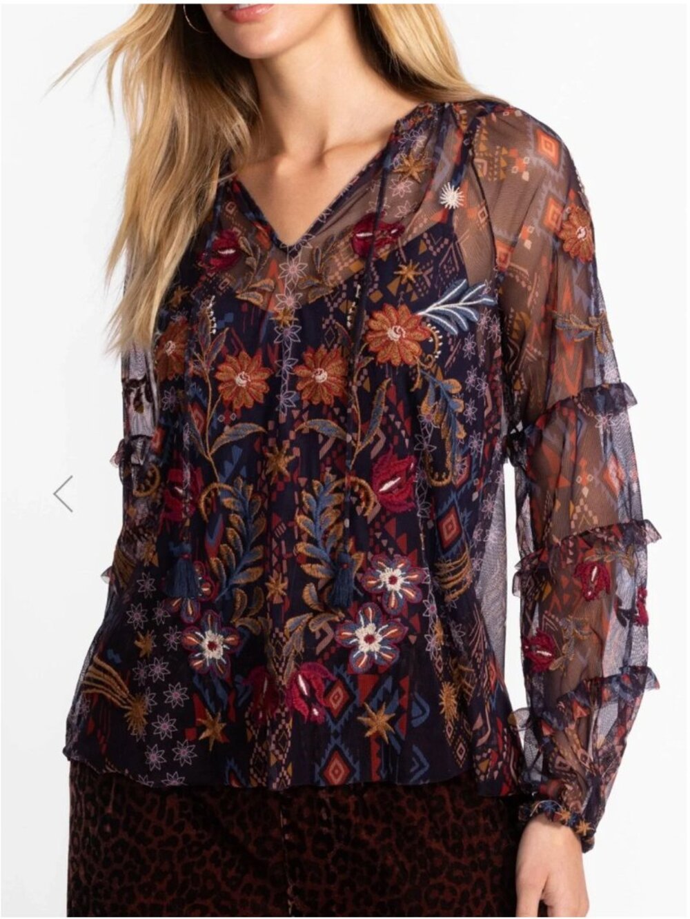 Johnny Was Sapphire Mesh Blouse Monika Floral Embroidered Boho NWT S